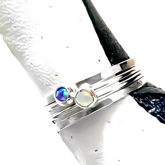 (2-13) 925 Sterling Silver Purple Opal & Rainbow Moonstone Stacking Rings Set - Picture 1 of 8